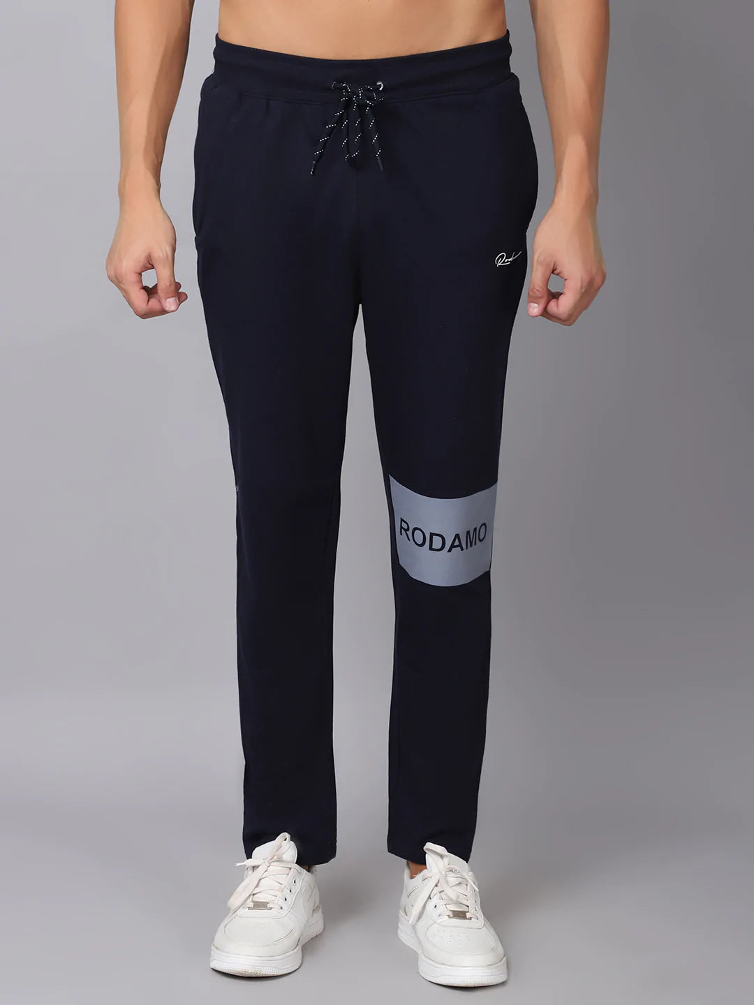 Men Navy Blue Grey Printed Slim Fit Track Pants – Rodamo