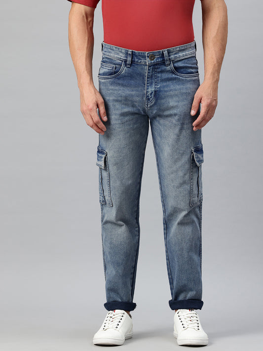 Men Blue Relaxed Fit Stretchable Cargo Jeans