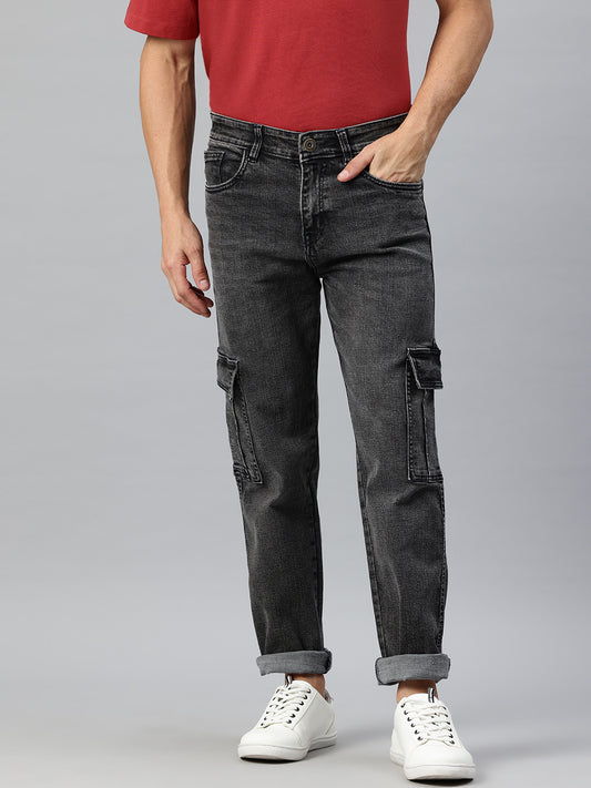 Men Grey Relaxed Fit Stretchable Cargo Jeans