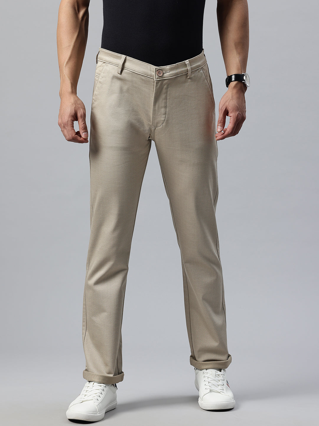 Men Beige Slim Fit Self Design Trousers