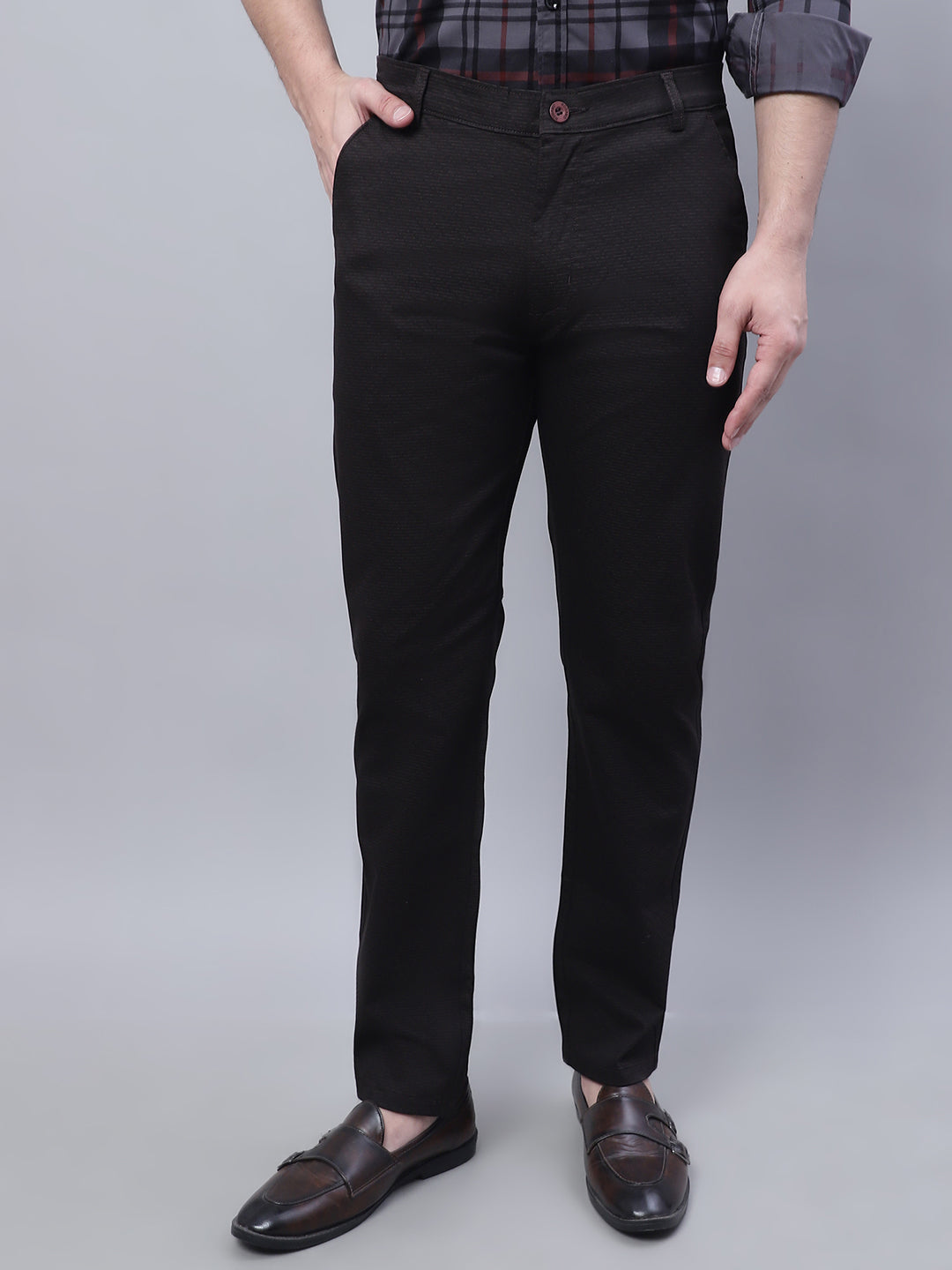 Men Brown Slim Fit Self Design Trousers