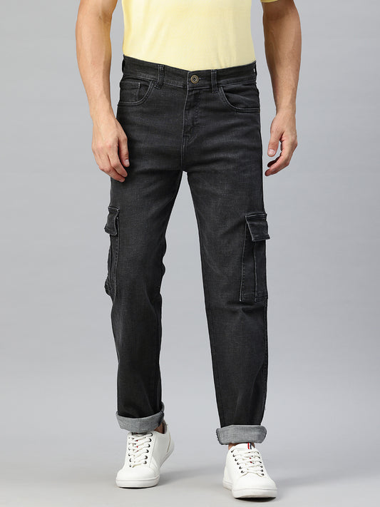 Men Grey Relaxed Fit Stretchable Cargo Jeans