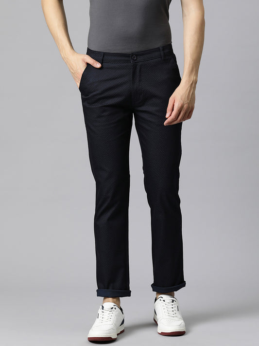 Men Navy Blue Self Design Stretchable Trousers