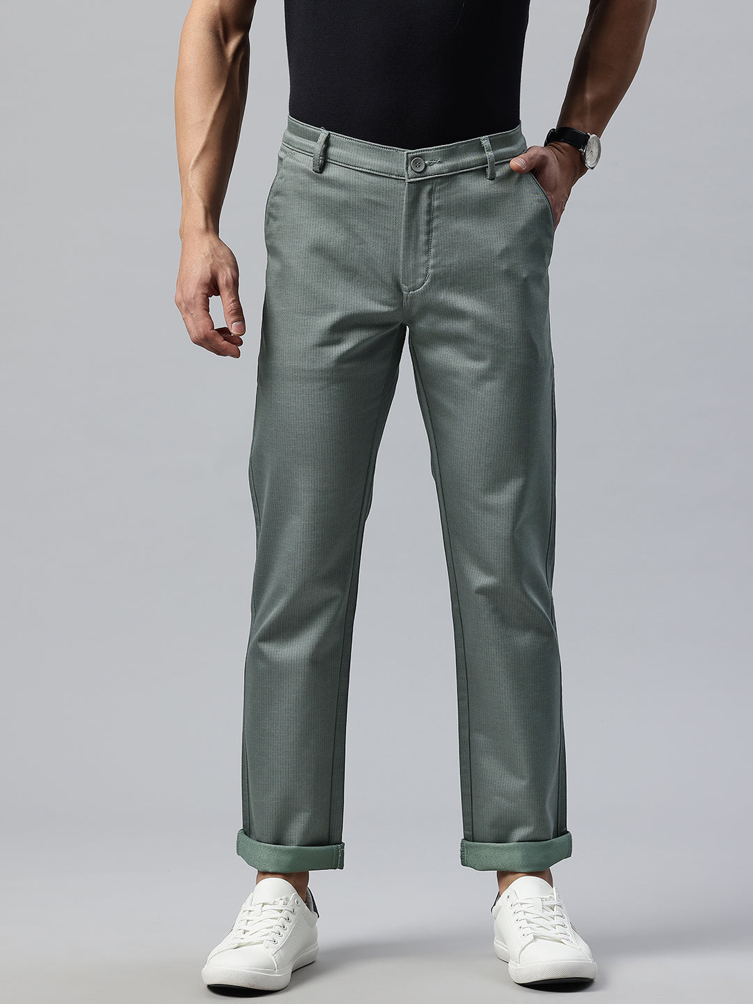 Men Olive Slim Fit Self Design Trousers