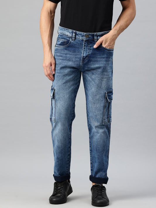 Men Blue Relaxed Fit Stretchable Cargo Jeans