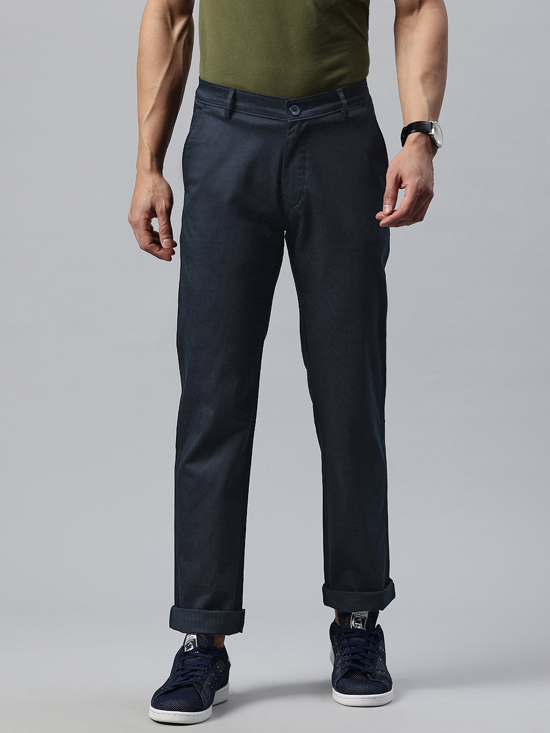 Men Navy Blue Slim Fit Self Design Trousers