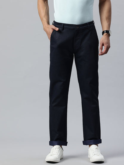 Men Navy Blue Slim Fit Self Design Trousers