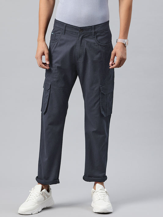 Men Navy Blue Relaxed Fit Stretchable Cargo Trousers