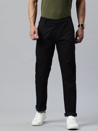 Men Black Slim Fit Self Design Trousers