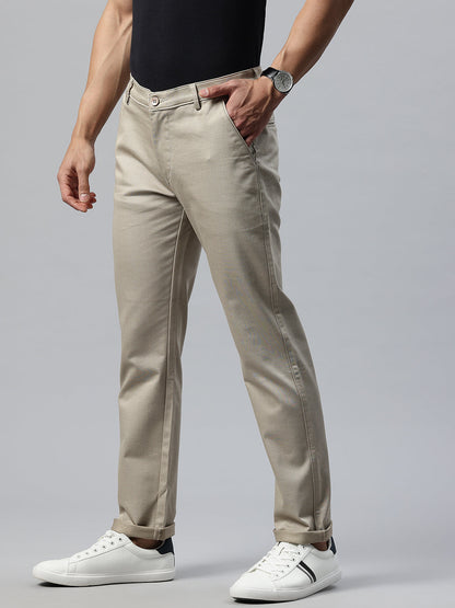 Men Beige Slim Fit Self Design Trousers