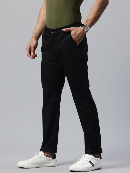 Men Black Slim Fit Self Design Trousers