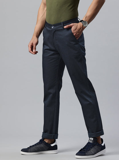 Men Navy Blue Slim Fit Self Design Trousers