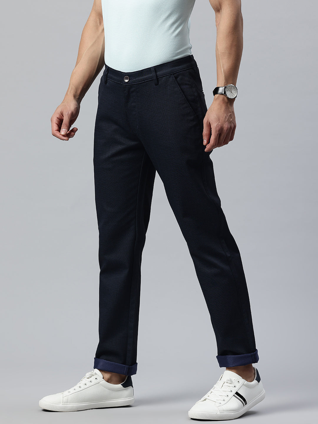 Men Navy Blue Slim Fit Self Design Trousers