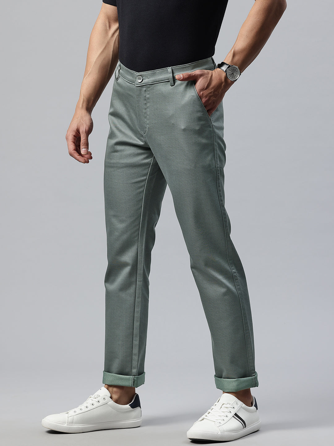 Men Olive Slim Fit Self Design Trousers