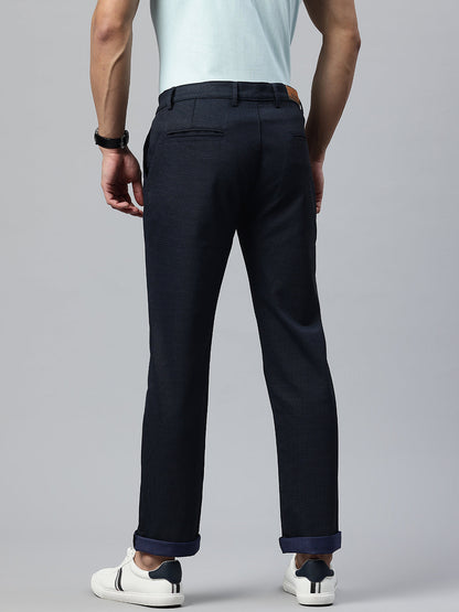 Men Navy Blue Slim Fit Self Design Trousers