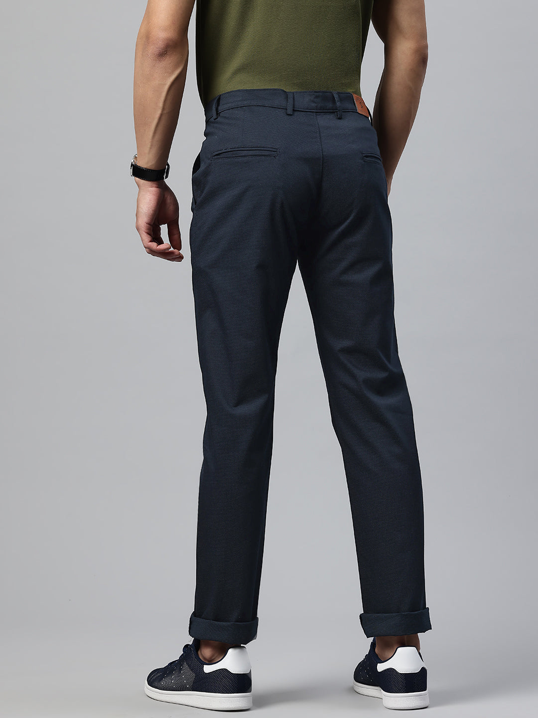 Men Navy Blue Slim Fit Self Design Trousers