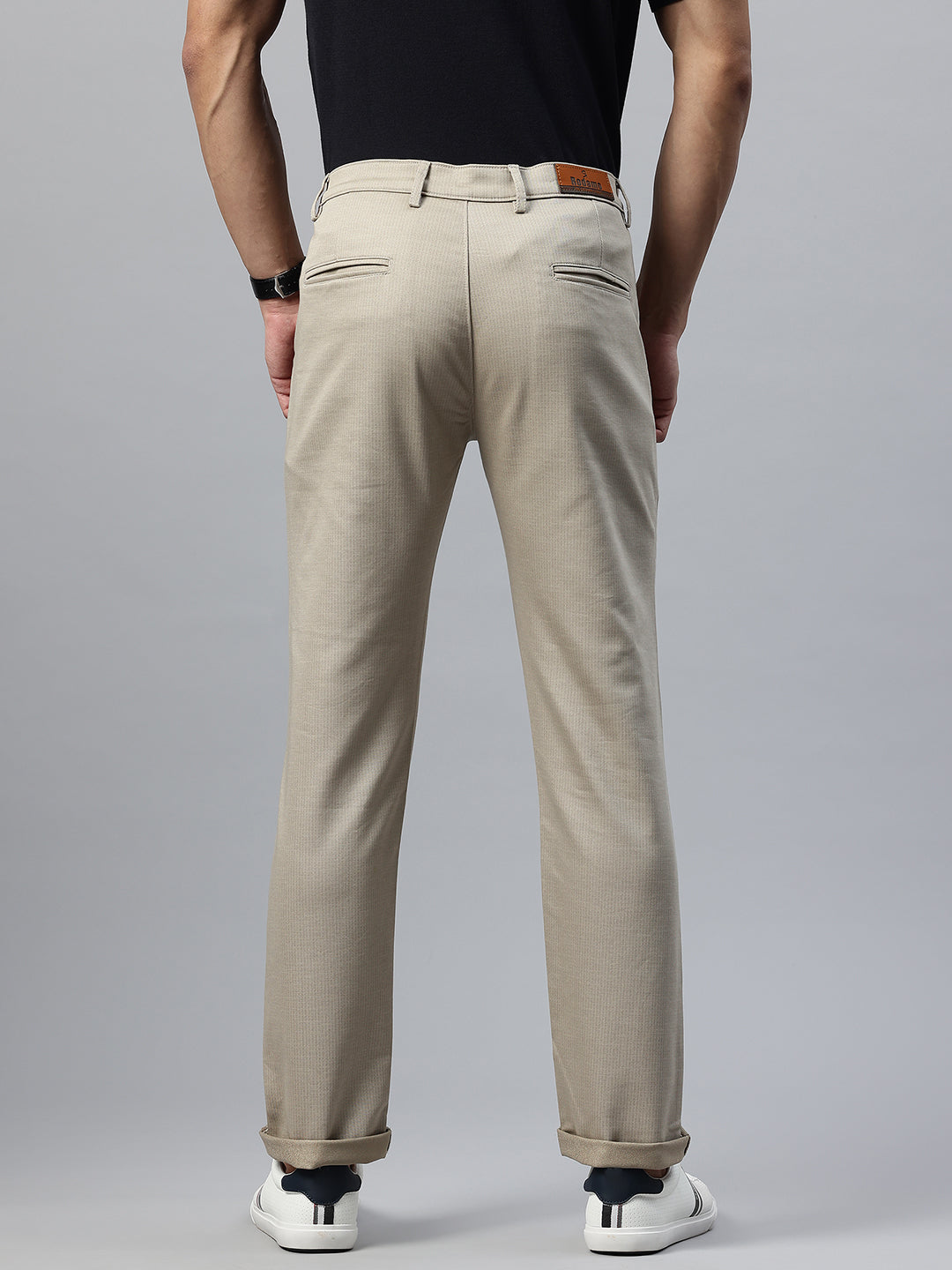 Men Beige Slim Fit Self Design Trousers