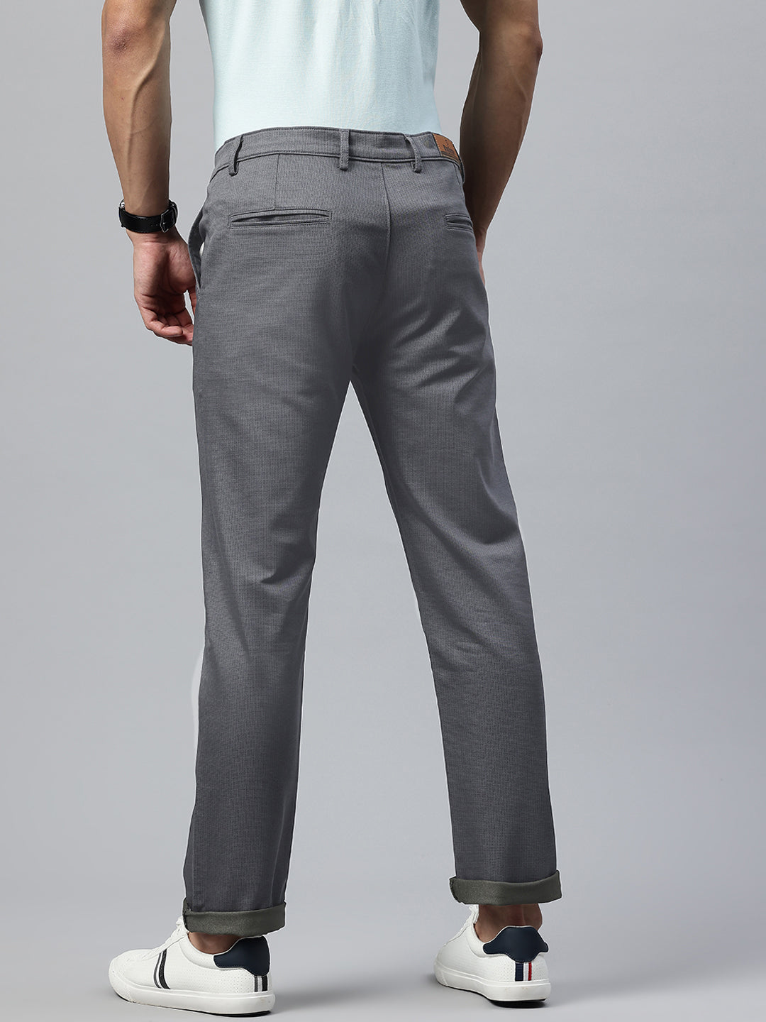 Men Grey Slim Fit Self Design Trousers