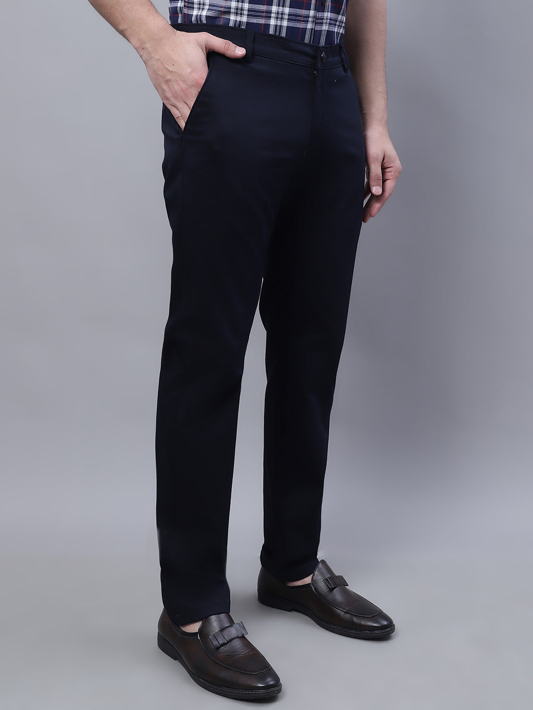 Men Navy Blue Slim Fit Self Design Trousers