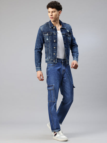 Men Blue Relaxed Fit Stretchable Cargo Jeans