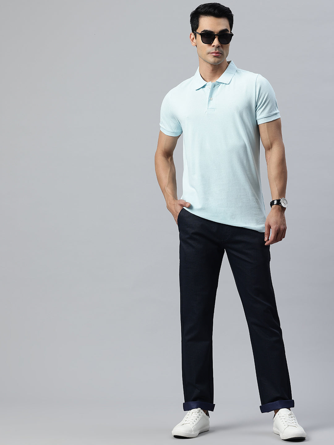 Men Navy Blue Slim Fit Self Design Trousers