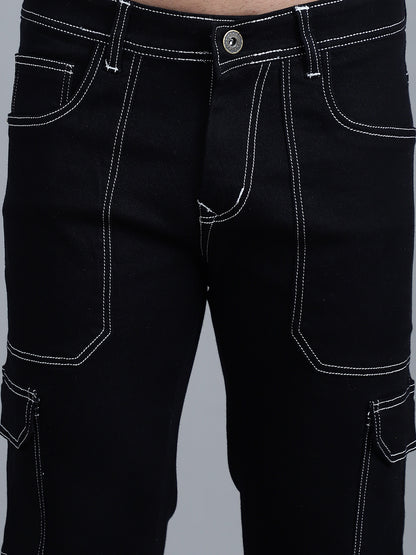 Men Black Mid Rise Regular Fit Cargo Stretchable Cotton Jeans