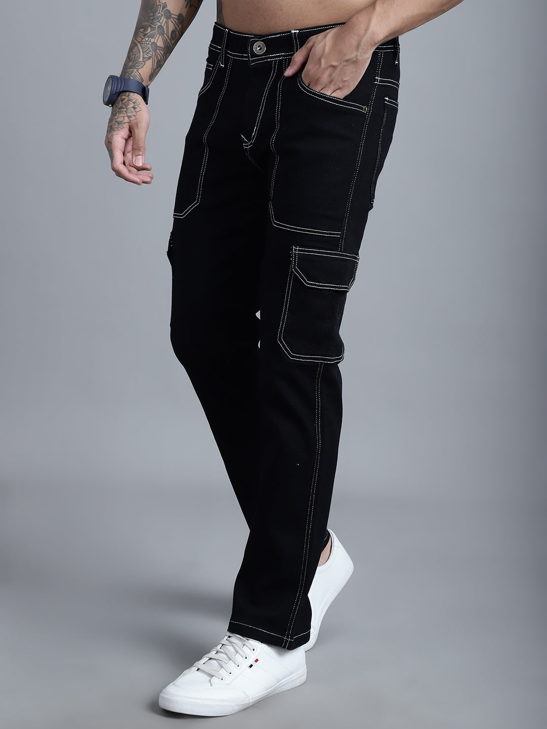 Men Black Mid Rise Regular Fit Cargo Stretchable Cotton Jeans