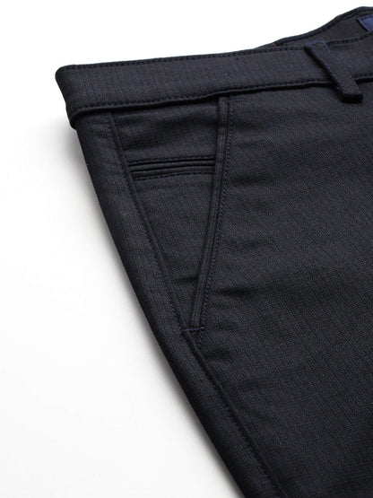 Men Navy Blue Slim Fit Self Design Trousers