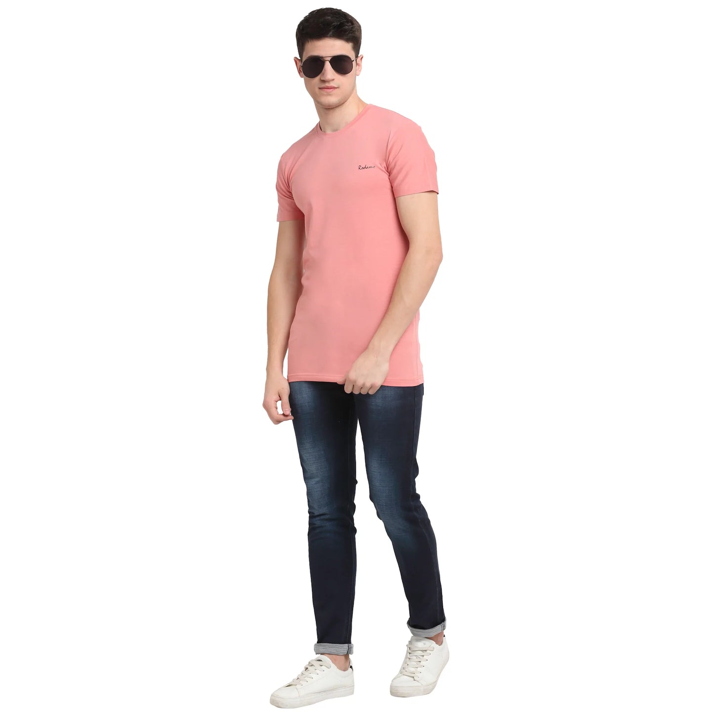 Men Peach-Coloured Brand Logo Printed Slim Fit T-shirt