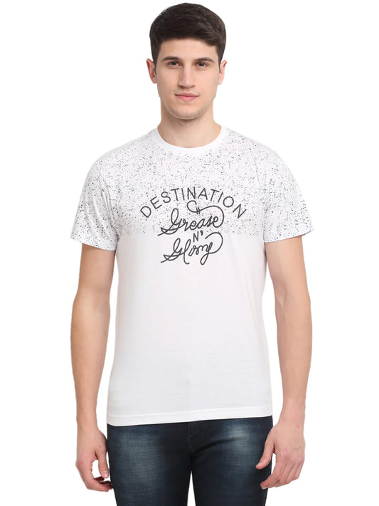 Men White  Black Printed Round Neck T-shirt