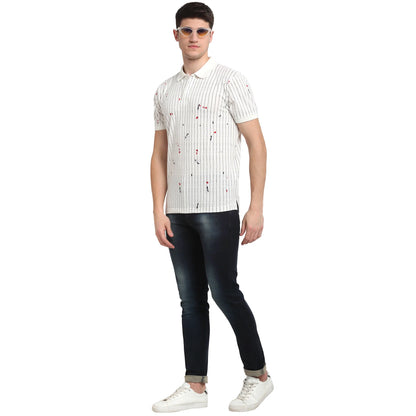 Men Off-White  Black Striped Polo Collar T-shirt