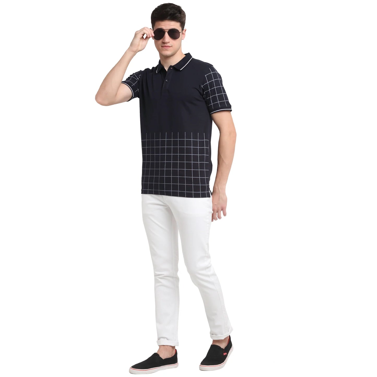 Men Navy Blue  White Checked Polo Collar T-shirt