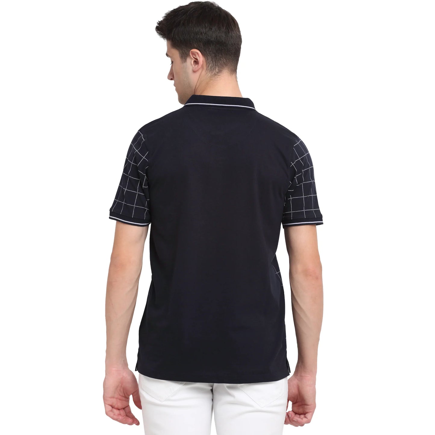 Men Navy Blue  White Checked Polo Collar T-shirt