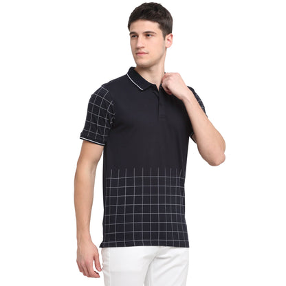 Men Navy Blue  White Checked Polo Collar T-shirt