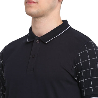 Men Navy Blue  White Checked Polo Collar T-shirt