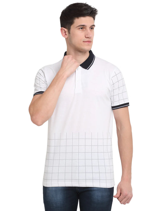 Men White  Black Checked Polo Collar T-shirt