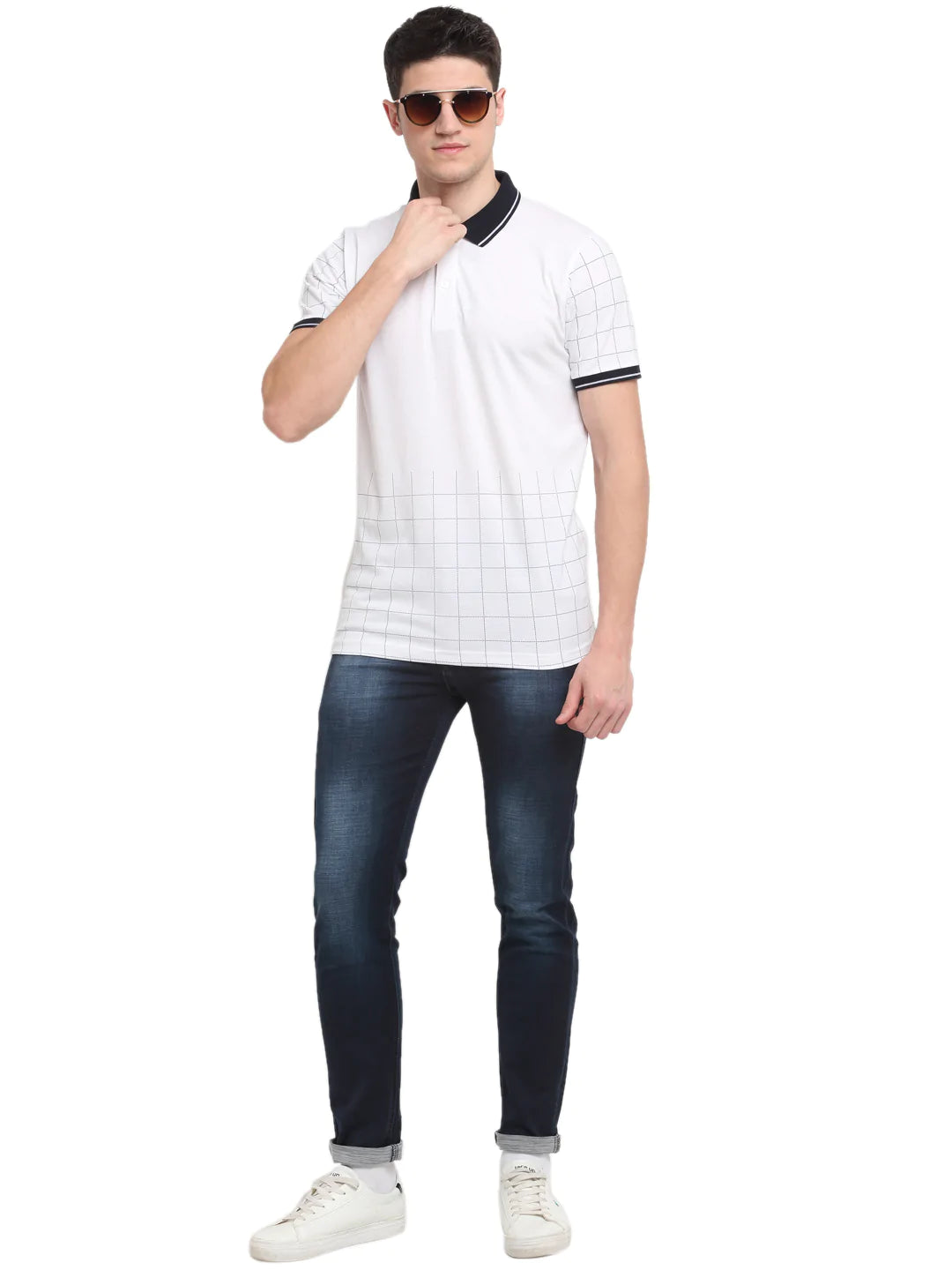 Men White  Black Checked Polo Collar T-shirt