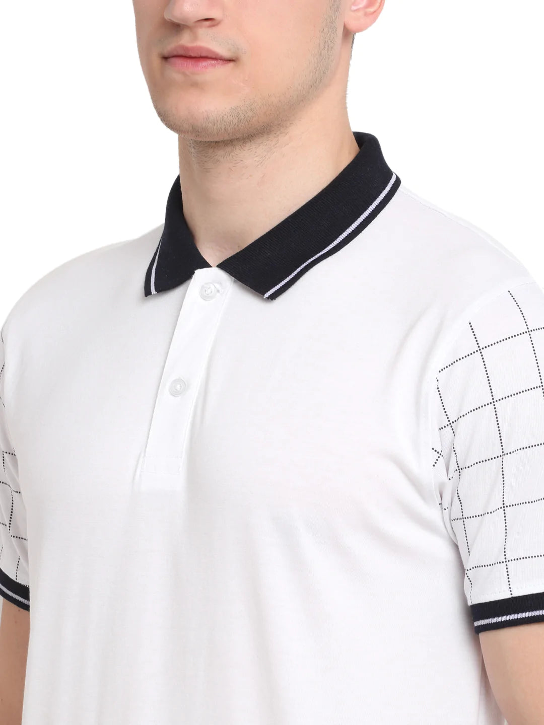 Men White  Black Checked Polo Collar T-shirt