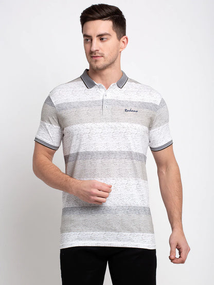 Men White Striped Polo Collar T-shirt