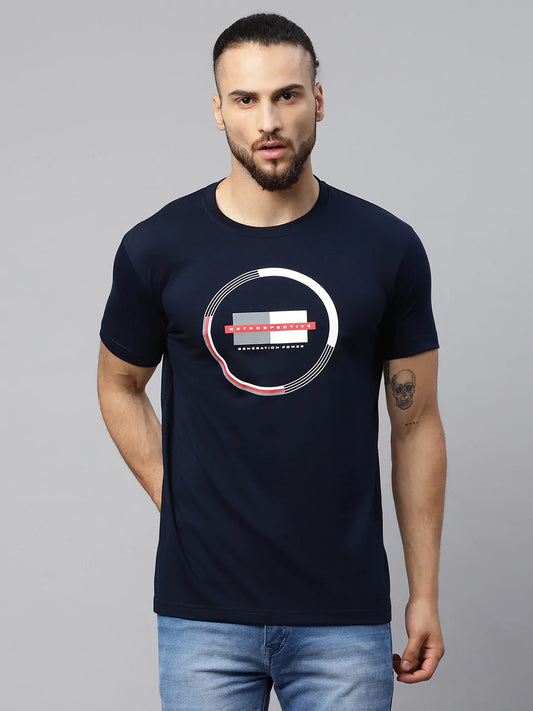 Men Navy Blue Typography Printed Slim Fit T-shirt