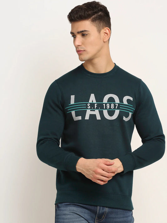 Men Teal Blue Printed Fleece Sweatshirt