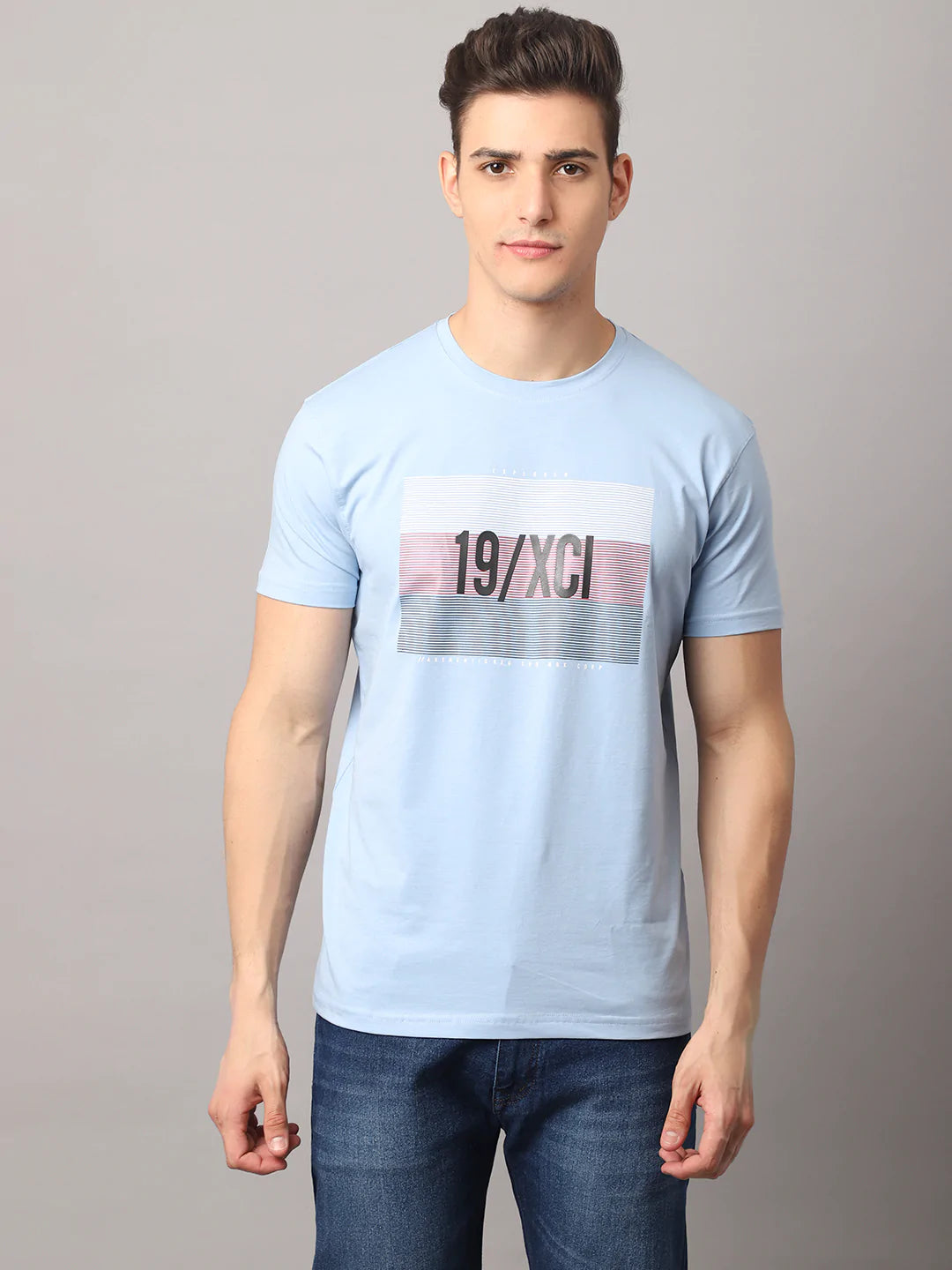 Men Blue Typography Printed Slim Fit Cotton T-shirt