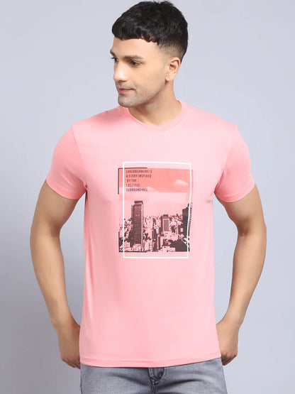 Men Pink Printed Slim Fit T-shirt