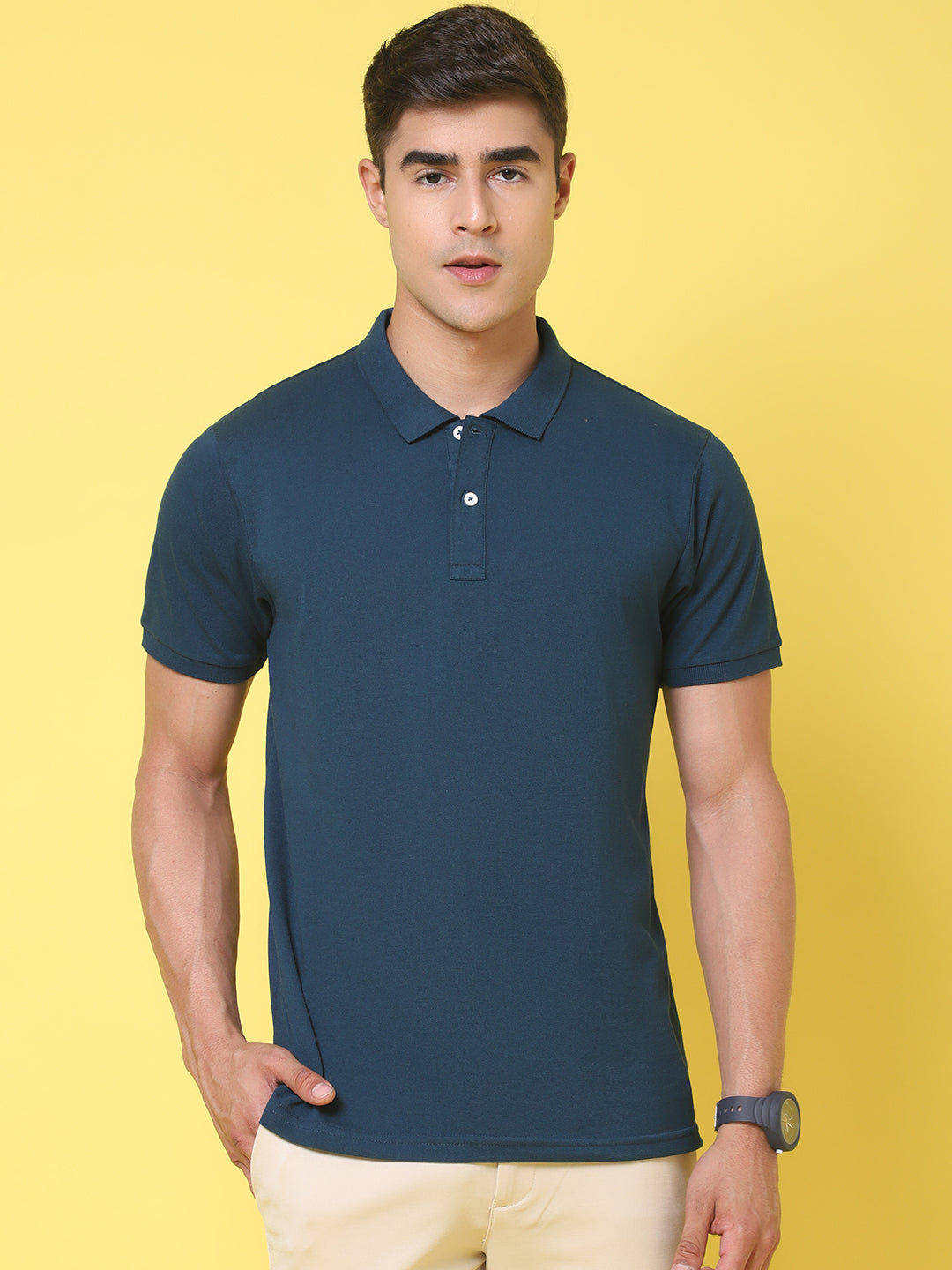 Polo Collar Teal Slim Fit Cotton T-Shirt