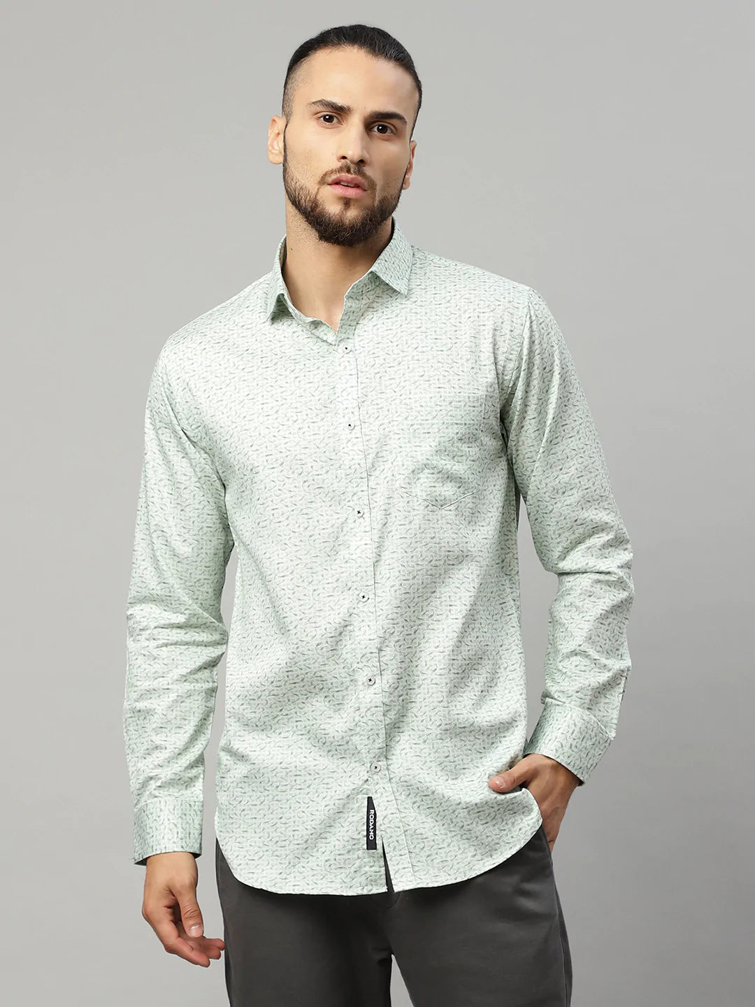 Men Green Slim Fit Printed Cotton Casual Shirt