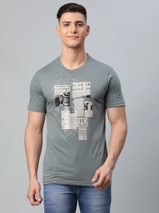 Men Grey Typography Printed Slim Fit T-shirt