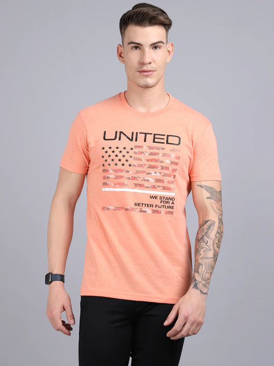 Men Orange Typography Printed Slim Fit T-shirt