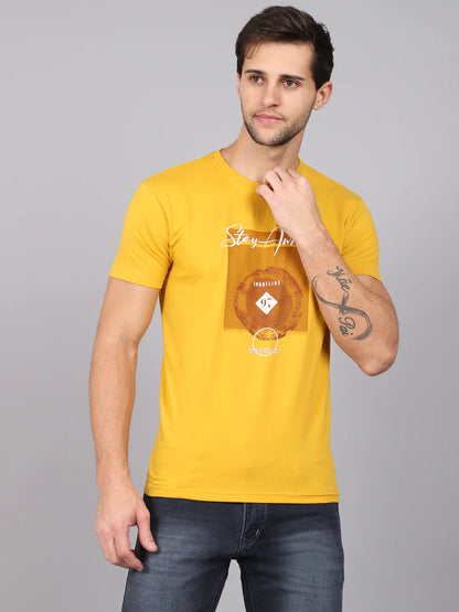 Men Yellow Typography Printed Slim Fit Cotton T-shirt