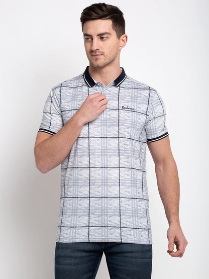 Men Grey Checked Polo Collar T-shirt