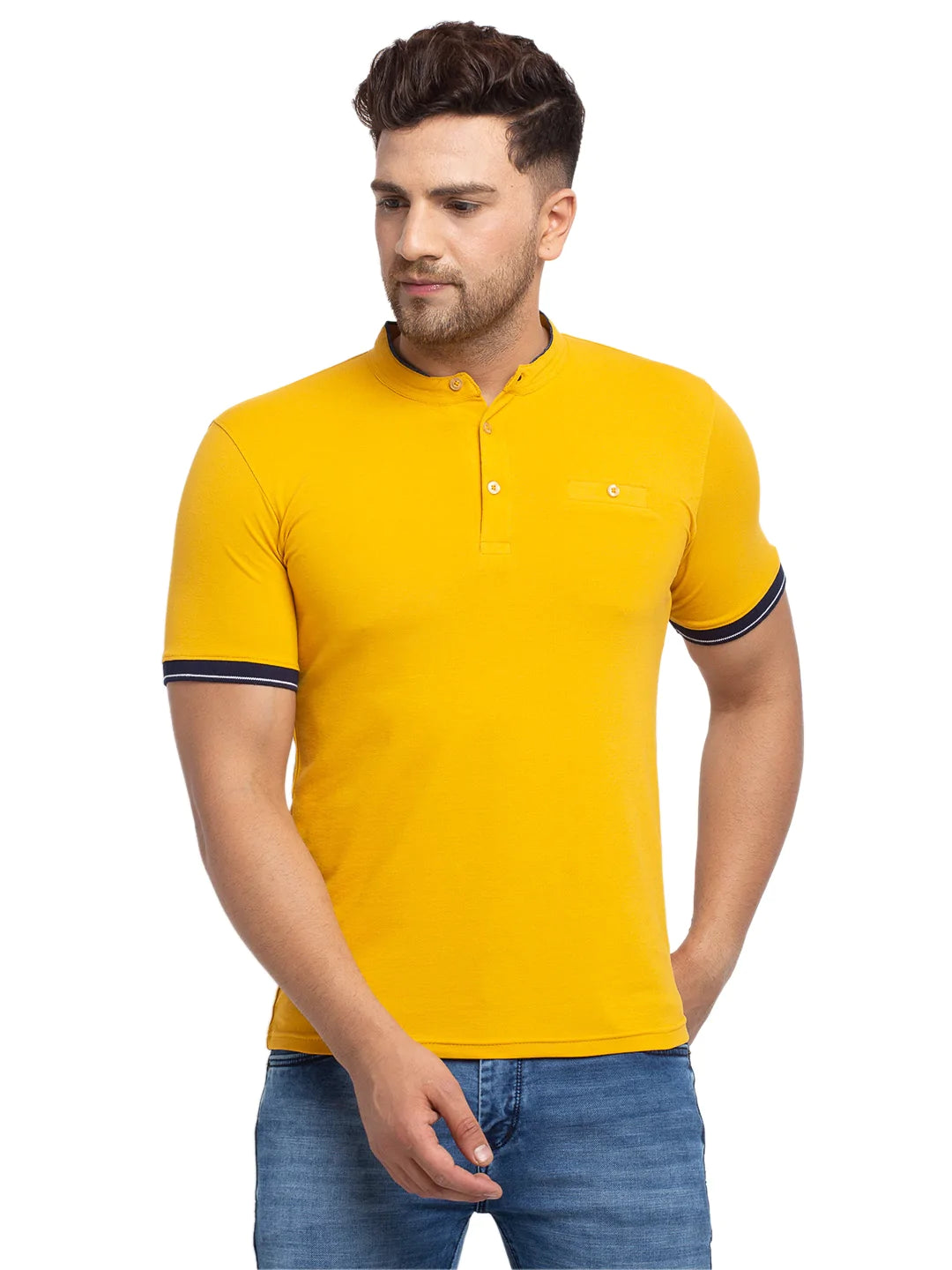 Men Mustard Yellow Solid Mandarin Collar T-shirt